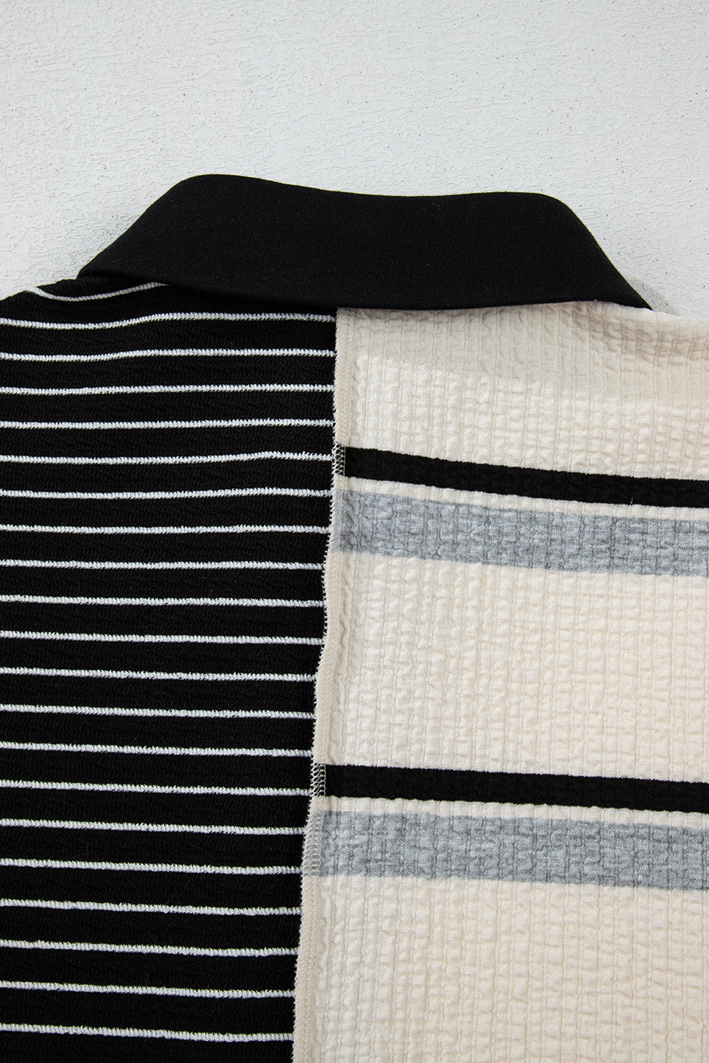 Black Stripe Colorblock Knit Henley Collar Shift Long Sleeve Mini Dress