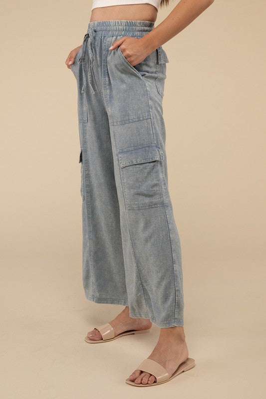 Washed Linen Elastic Band Waist Cargo Pants