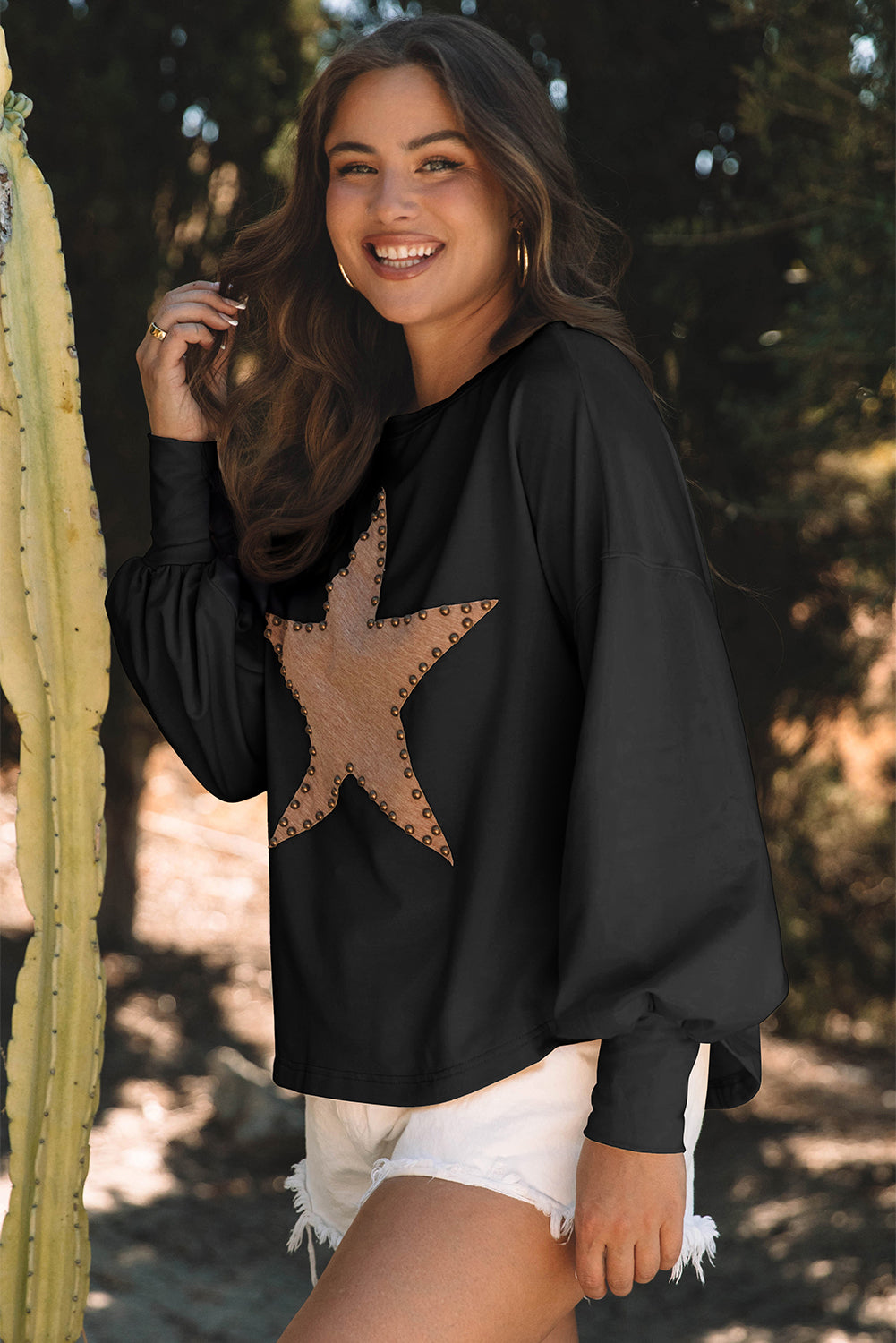 Black Studded Star Graphic Oversized Long Sleeve Top