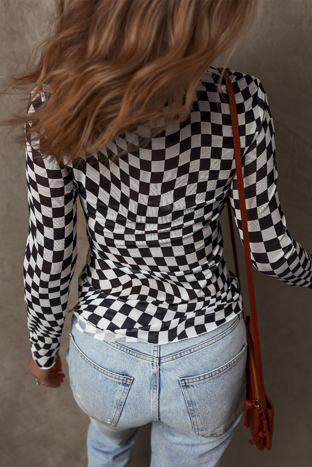 Black Checkered Pattern Mesh Mock Neck Long Sleeve Top